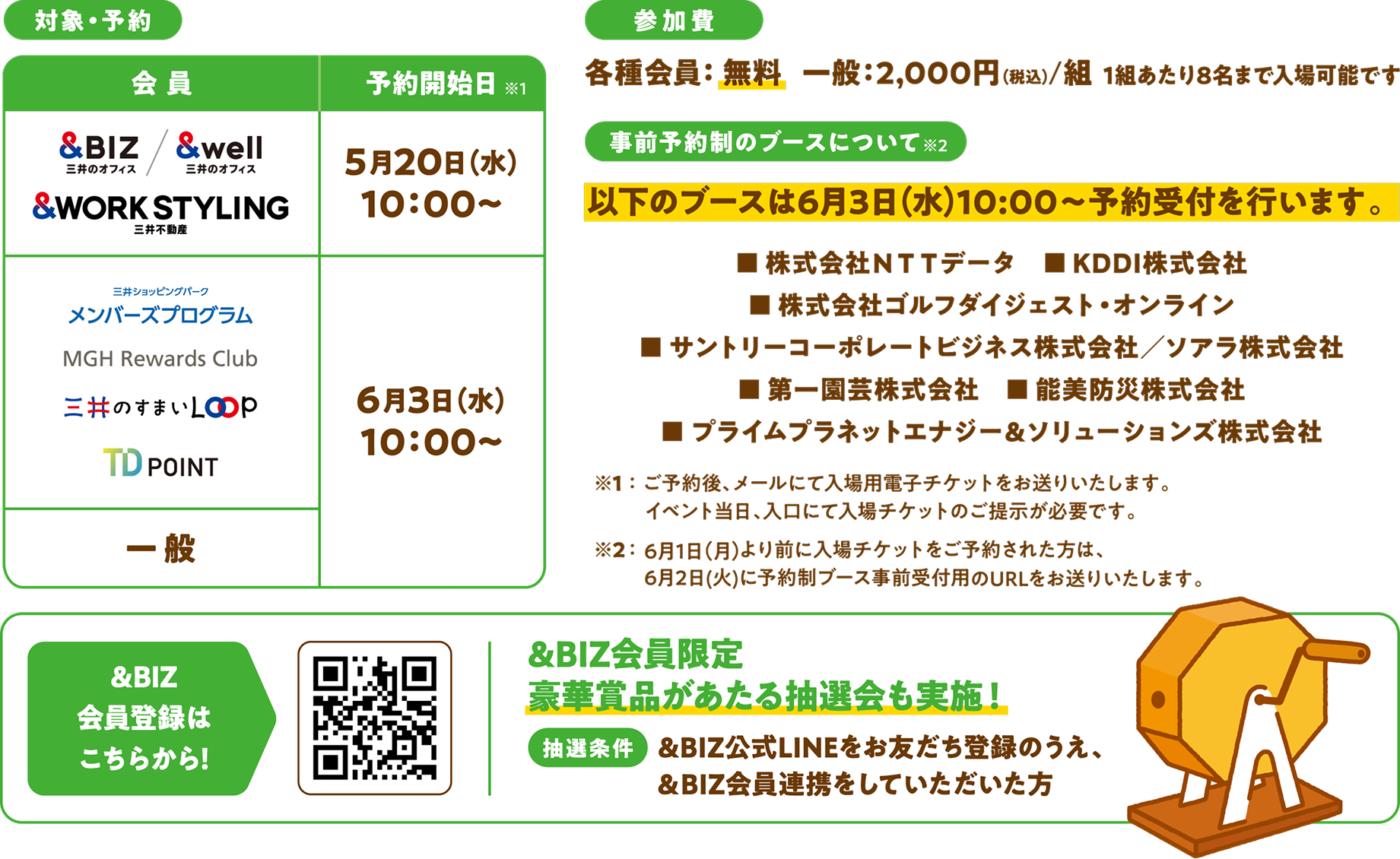 対象・予約 会員 &BIZ / &well / &WORK STYLING 5月19日（月）10:00〜 三井ショッピングパーク メンバーズプログラム / MGH Rewards Club 三井のすまいLOOP / TD POINT / 一般 6月17日（火）10:00〜 参加費 各種会員：無料　一般：2,000円／組 1組あたり8名まで入場可能です。 事前予約制のブースについて 以下のブースは6月17日（火）より事前に予約受付を行います。・SMBC日興証券株式会社・株式会社NTTデータ・サントリーコーポレートビジネス株式会社／ソアラ株式会社・第一園芸株式会社・プライムプラネットエナジー＆ソリューションズ株式会社・KDDI株式会社 ※6月17日（火）より前に入場チケットをご予約された方は、6月16日（月）に予約制ブース事前受付用のURLをお送りいたします。 ※1：ご予約後、メールにて入場用電子チケットをお送りいたします。イベント当日、入口にて入場チケットのご提示が必要です。
